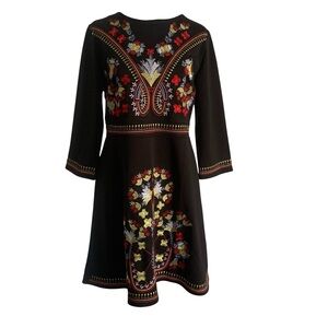 Vicky and Lucas XL Black Colorful Embroidered Boho Festival 3/4 Sleeve Dress